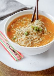 Ramen soup in a bowl.