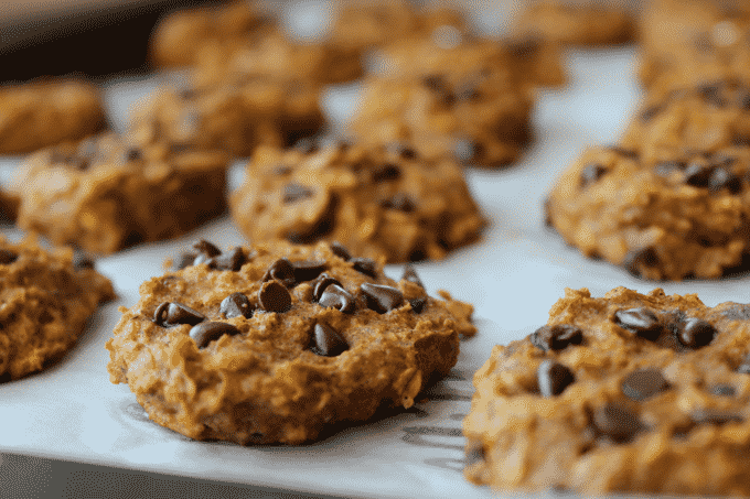 Healthy pumpkin spice chocolate chip cookie recipe. These chocolate chip cookies are the perfect fall treat! And they're ONLY 70 calories a piece. Thedietchefs.com #Healthy #Cookies