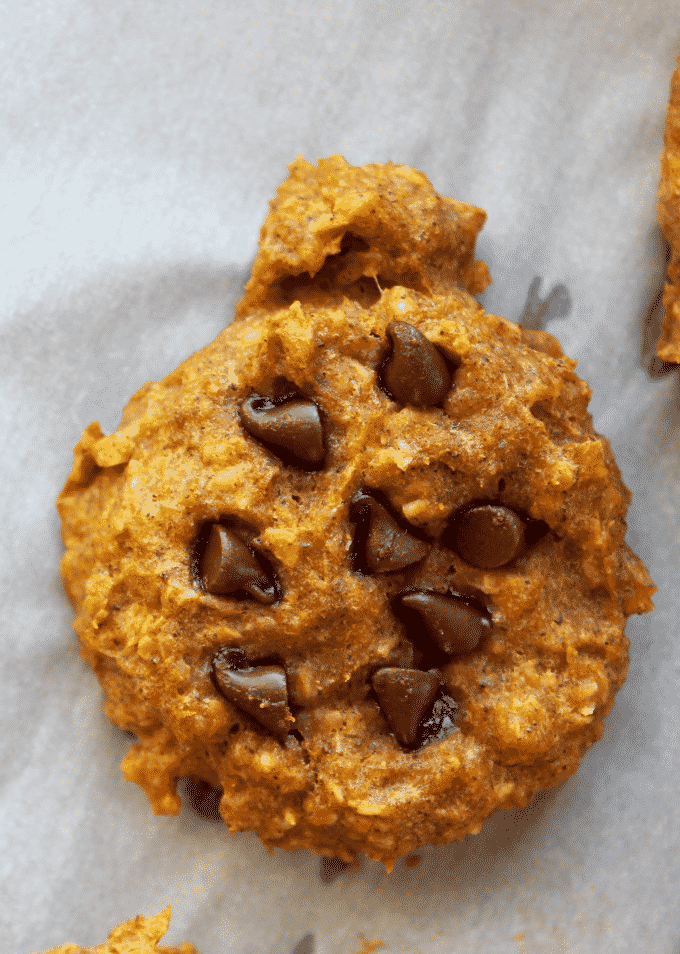 How to make healthy chocolate chip pumpkin spice cookies! This chocolate chip cookie recipe is the PERFECT fall cookie recipe. Gooey and chewy and all kinds of delicious. Thedietchefs.com