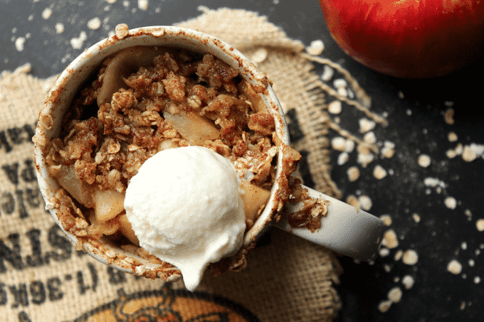 Healthy apple crisp, in a mug, in 2 minutes! I can't get enough of the warm, gooey, spiced apples, and the cinnamon maple oatmeal topping. Plus, it's only 230 calories!