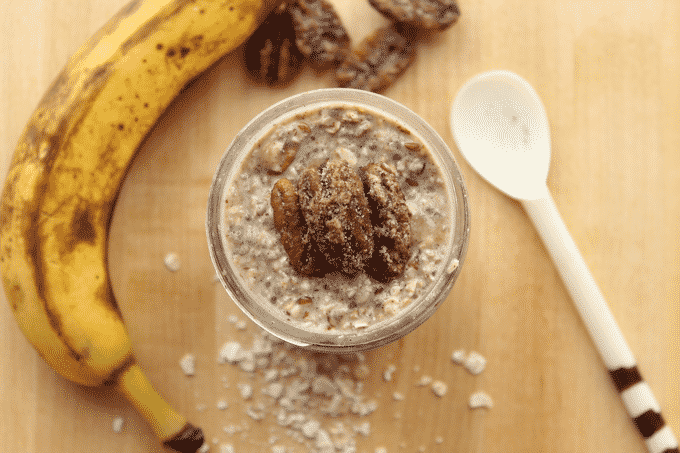 This banana bread overnight oats recipe is loaded with not only healthy fats, but fiber too. Plus, this oatmeal has almost 10g of protein that will keep you feeling full all day long.