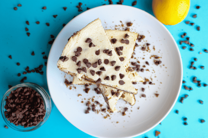 This chocolate chip cheesecake is to die for. And its actually HEALTHY! Each slice is ONLY 215 calories and has 11g of protein.