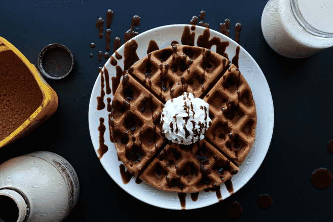 Need a healthy breakfast recipe?! These chocolate and banana protein waffles are your answer. Each one packs 34g of protein, but only has 300 calories. #Healthy #Breakfast