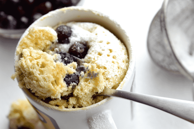 This healthy blueberry muffin in a mug is a total muffin game changer. You can make it in only 3 minutes, and it tastes as good as any Starbucks muffin, but for only a fraction of the calories.
