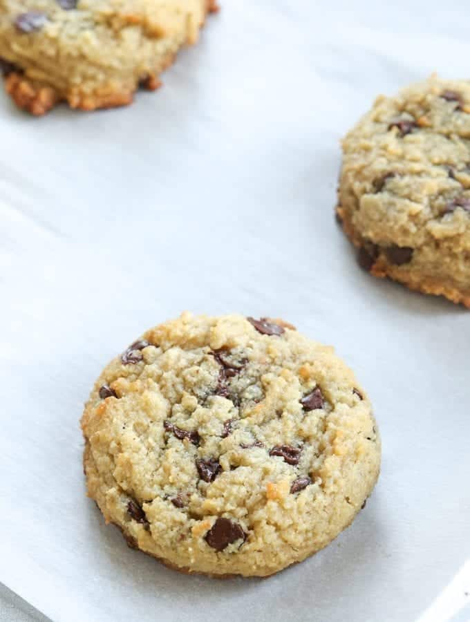 Low carb chocolate chip cookies on a cookie sheet