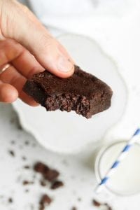 A brownie being held by a hand with a bite taken out of it.
