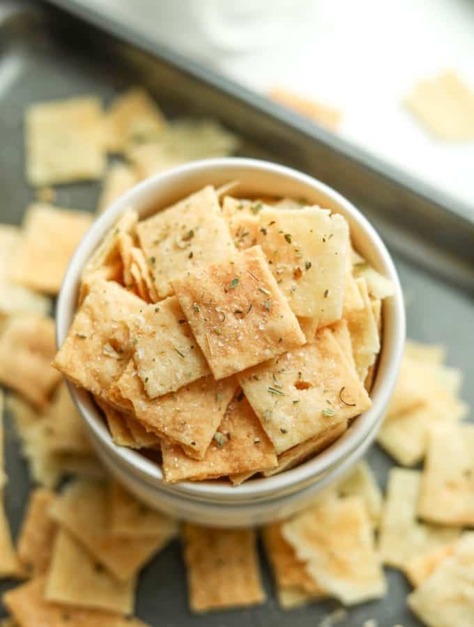 Low carb keto crackers in a bowl.