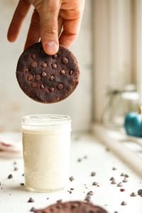 A double chocolate chip cookie about to be dunked in milk.