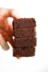 A hand holding fudgy coconut flour keto brownies