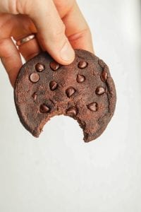 A double chocolate chip cookie that's been bitten being held in a hand.