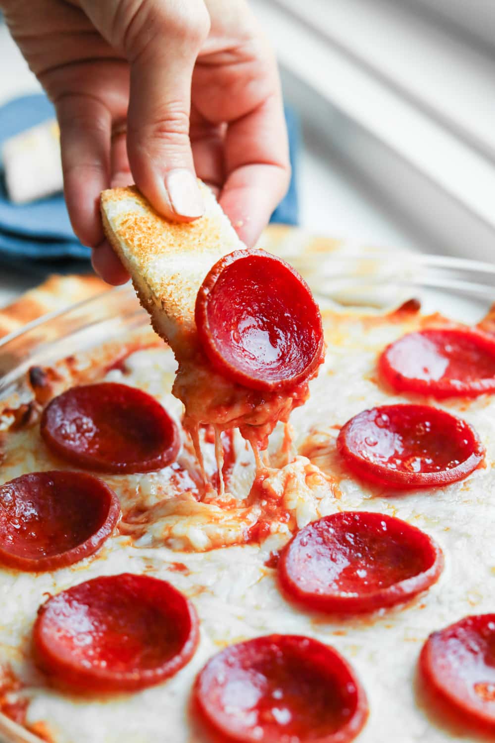 Low carb bread with pizza dip on it.