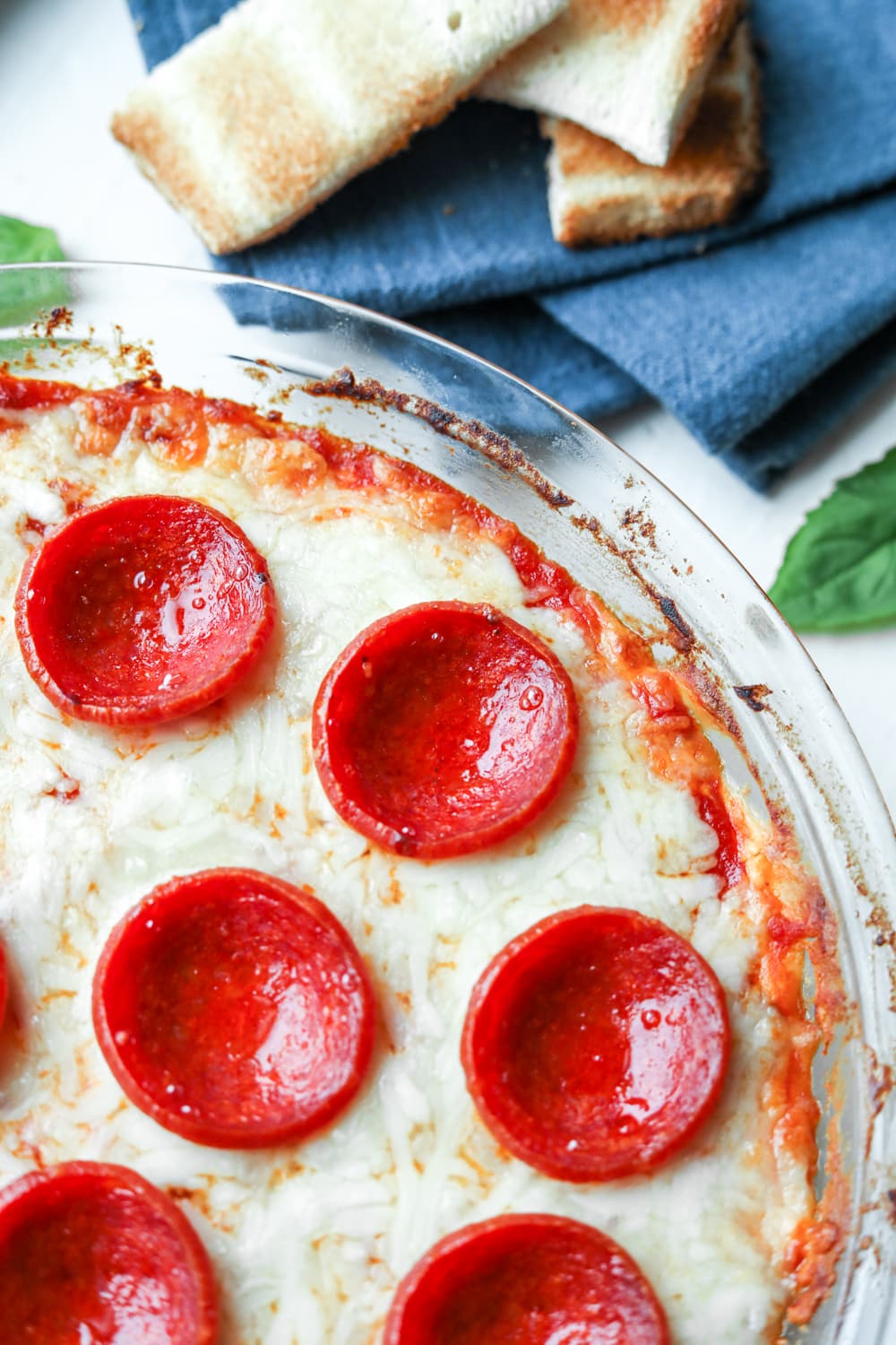 Low carb pizza dip in a dish