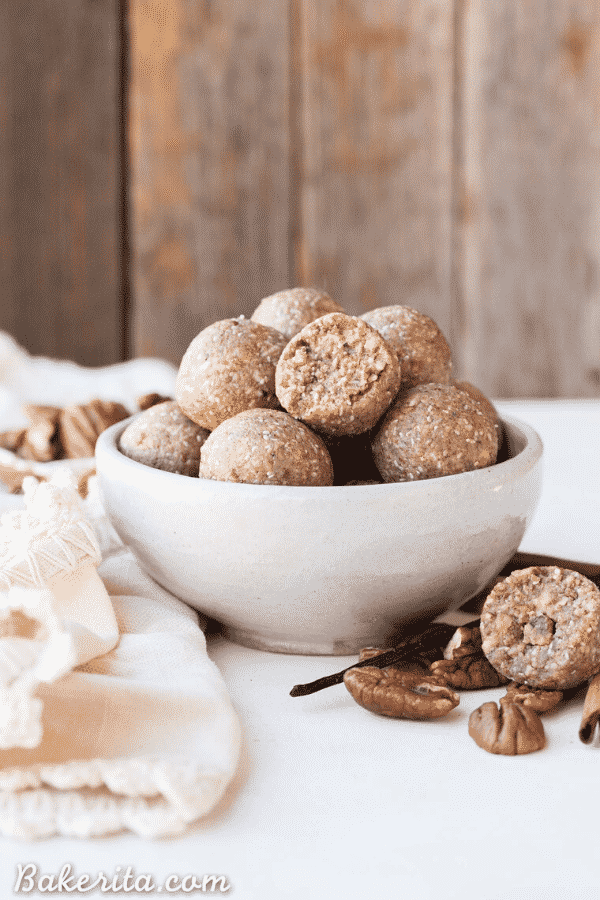 Pecan pie fat bombs in a bowl.