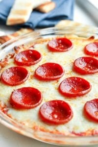 Keto pizza dip in a dish