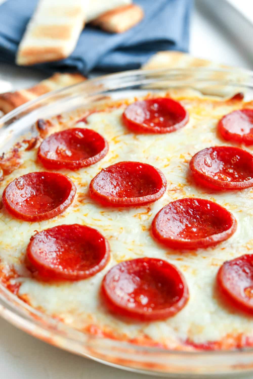 Keto pizza dip in a dish