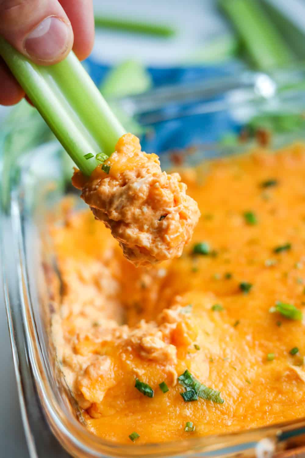 Buffalo chicken wing dip on celery.