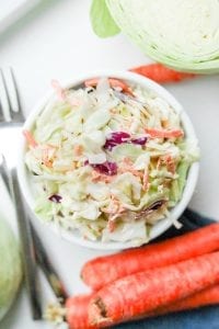 Low carb coleslaw in a white bowl.