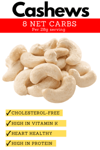 A pile of cashews with reasons why they're one of the worst keto nuts surrounding them