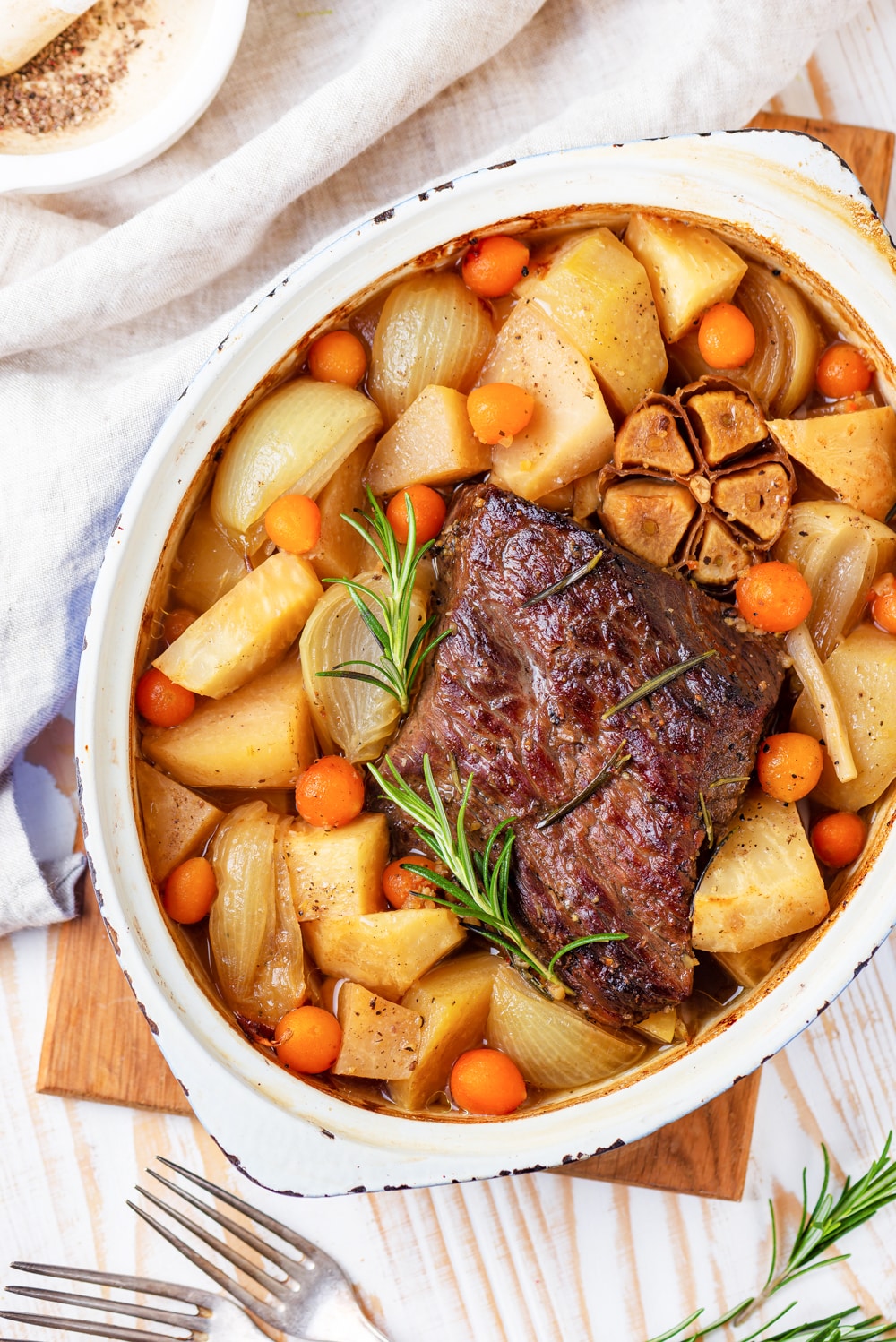 A dutch oven filled with pot roast.