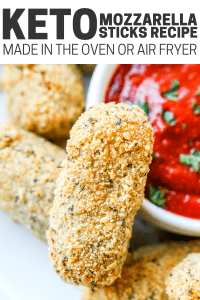 A keto mozzarella stick with text explaining why it's the best recipe.