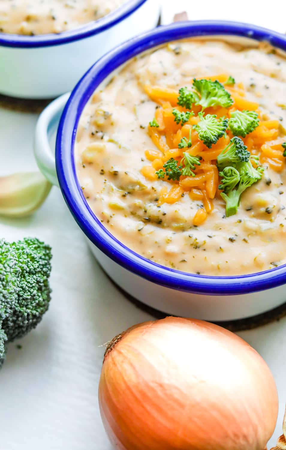 Low carb broccoli cheddar soup in a bowl.