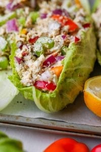 The front end of a chicken salad lettuce wrap.