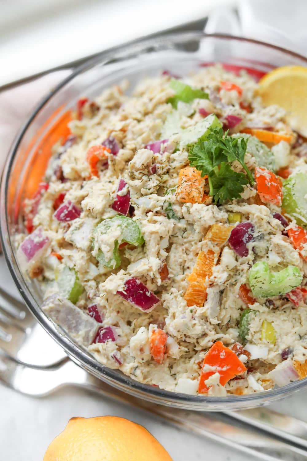 A bowl full of keto chicken salad.