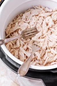 Shredded chicken in an Instant Pot with 2 forks.