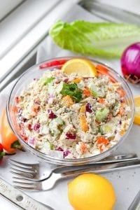 A large bowl of keto chicken salad on a baking sheet.