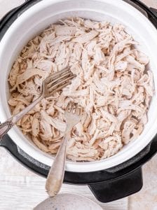 Shredded chicken breasts in an Instant Pot.