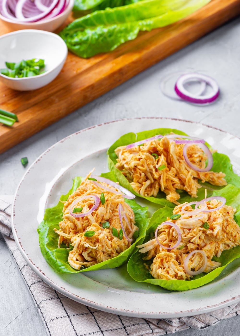 A plate of buffalo chicken lettuce wraps.