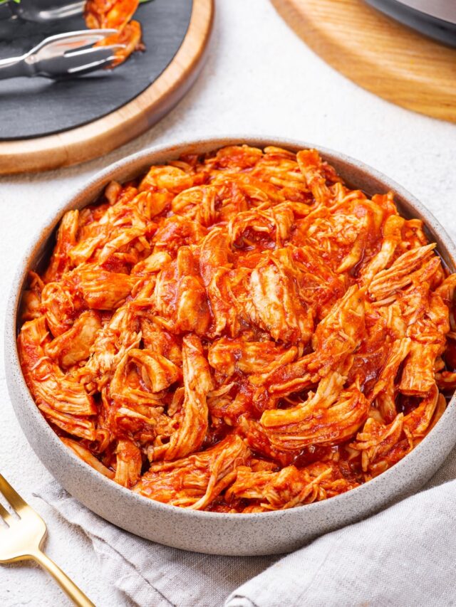 Shredded Chicken topped with BBQ sauce.