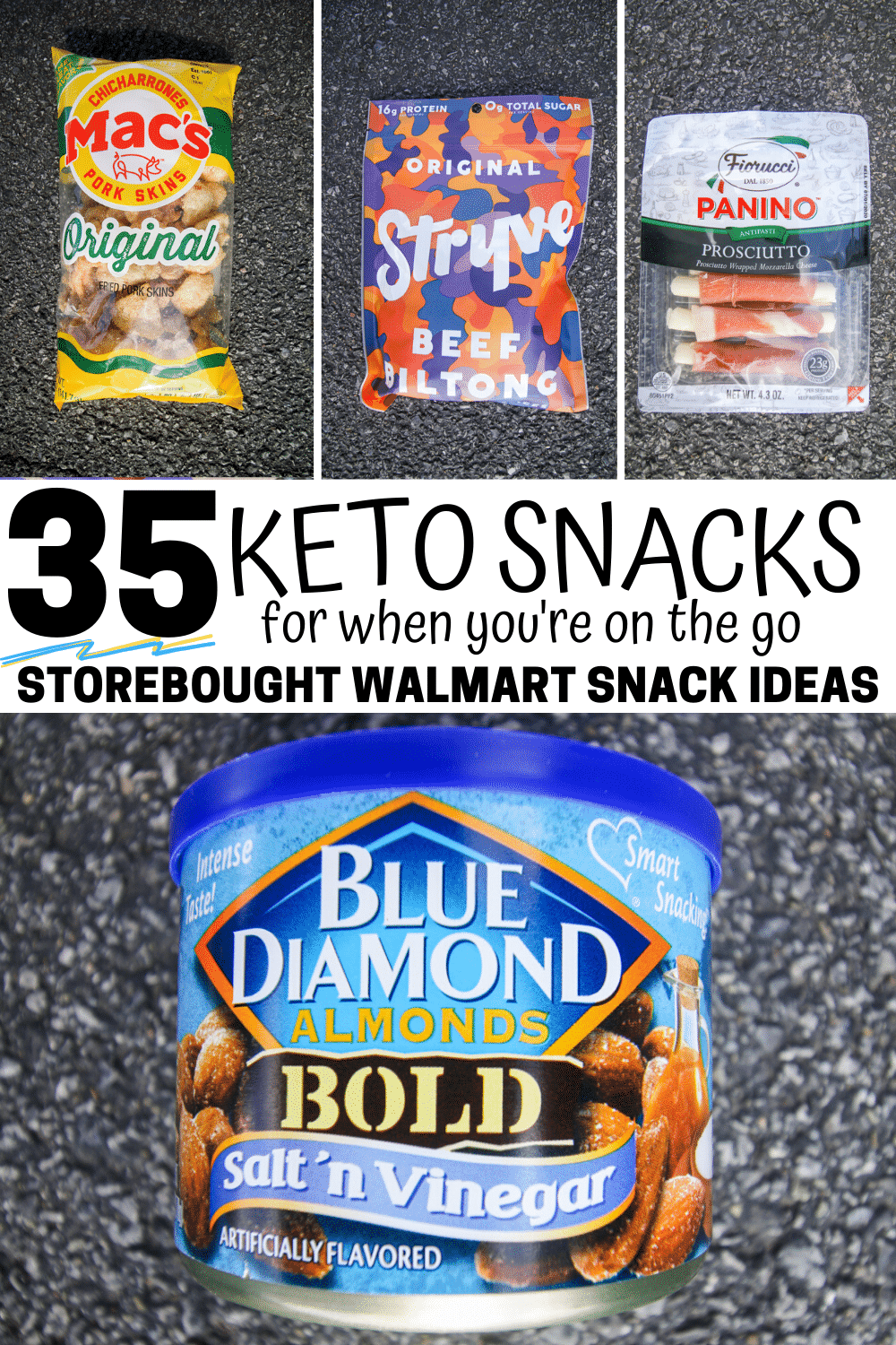 A collage of 4 keto snacks that you can find at walmart.