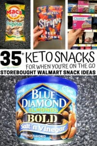 A collage of 4 keto snacks that you can find at walmart.