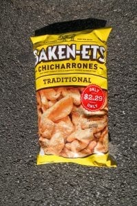 A bag of pig skin chicharrones.