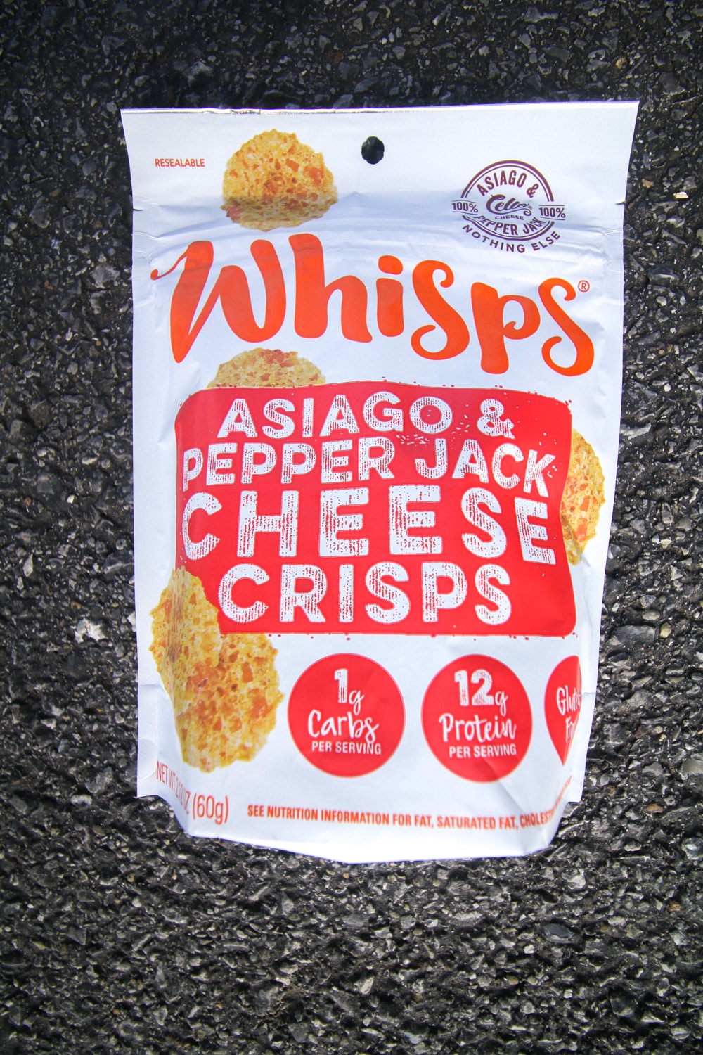 A bag of asiago pepper jack cheese whisps