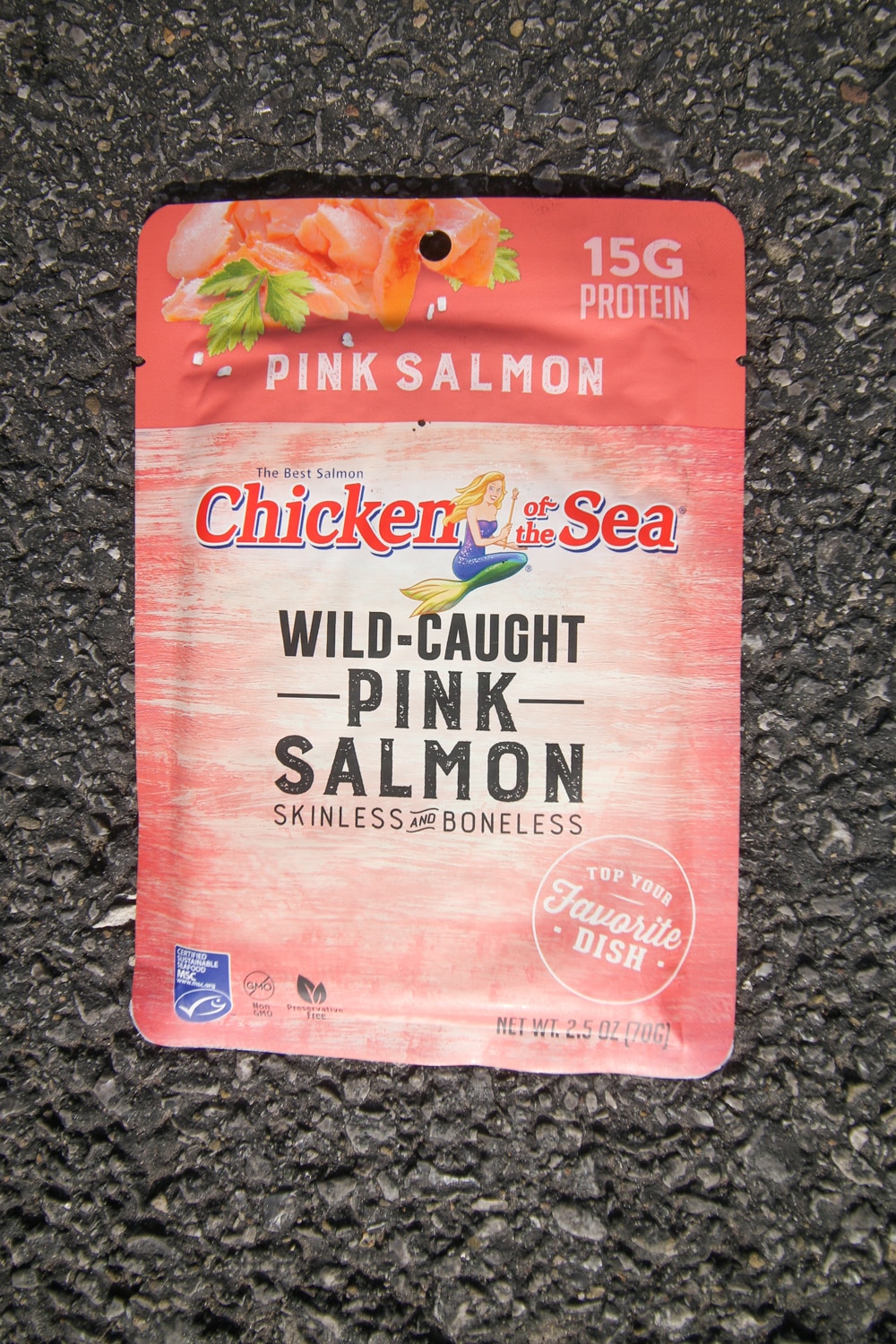 A pouch of pink salmon.