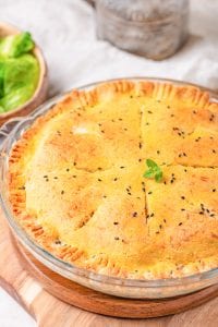 Chicken pot pie in a pie plate and topped with micro-greens.