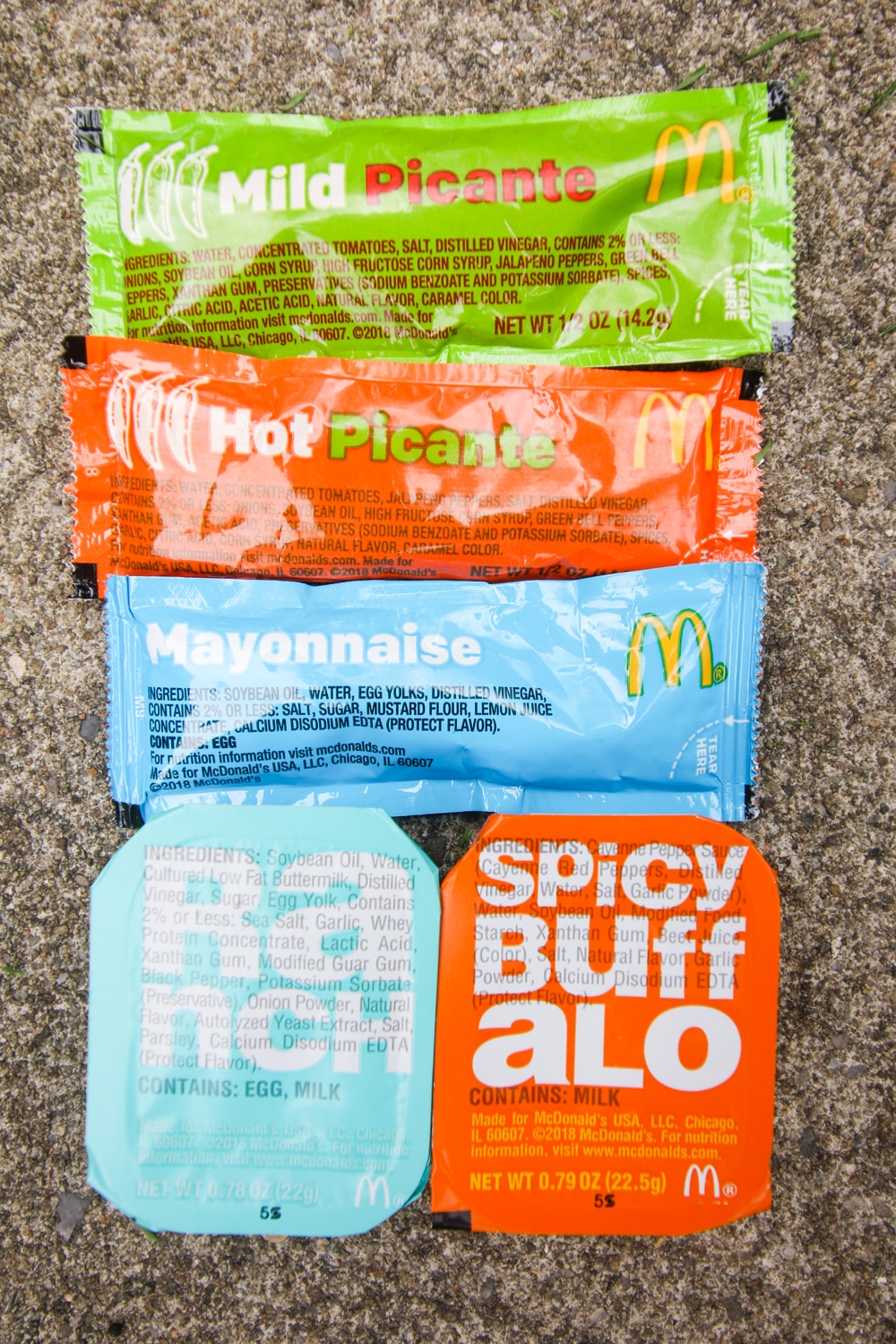 Packets of salsa & mayonnaise along with ranch dip & buffalo sauce dip from McDonalds.