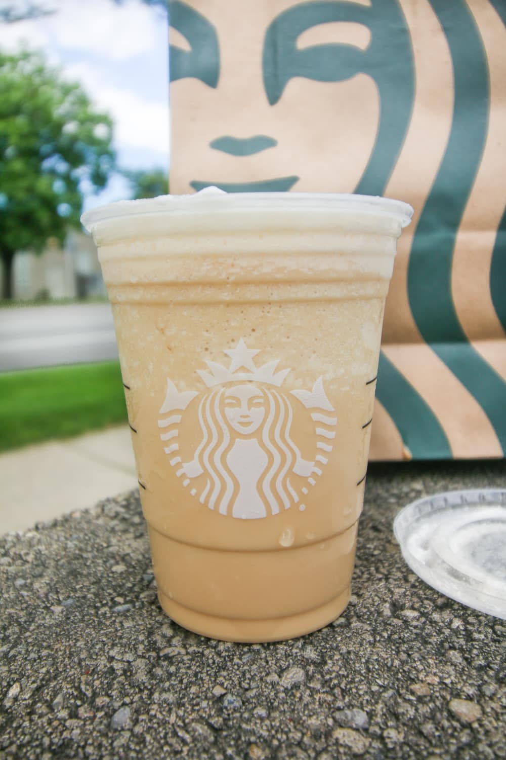 A blended iced coffee in a cup.