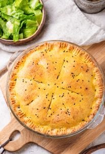A perfectly cooked chicken pot pie.