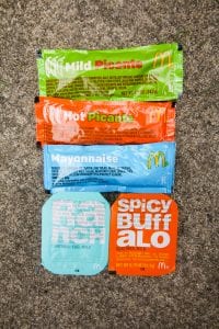 Packets of salsa & mayonnaise along with ranch dip & buffalo sauce dip from McDonalds.