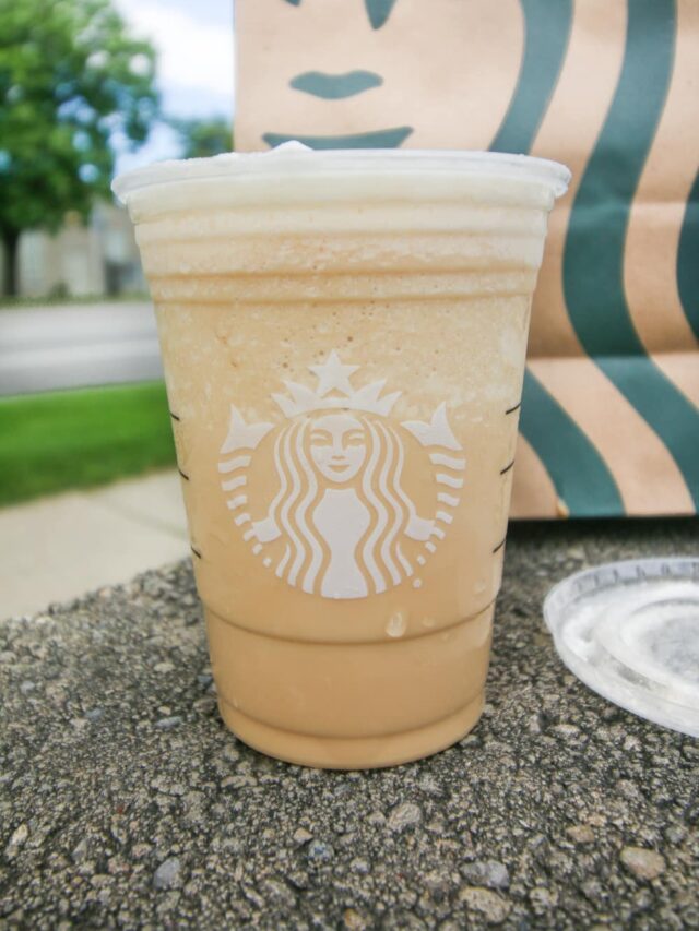 A blended iced coffee in a cup.