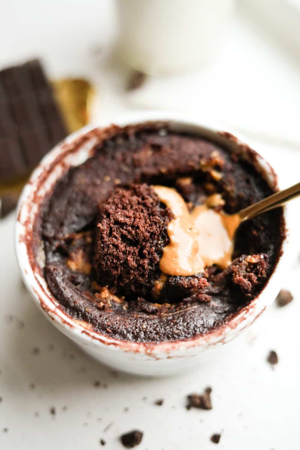 A chocolate mug cake with a peanut butter lava center.