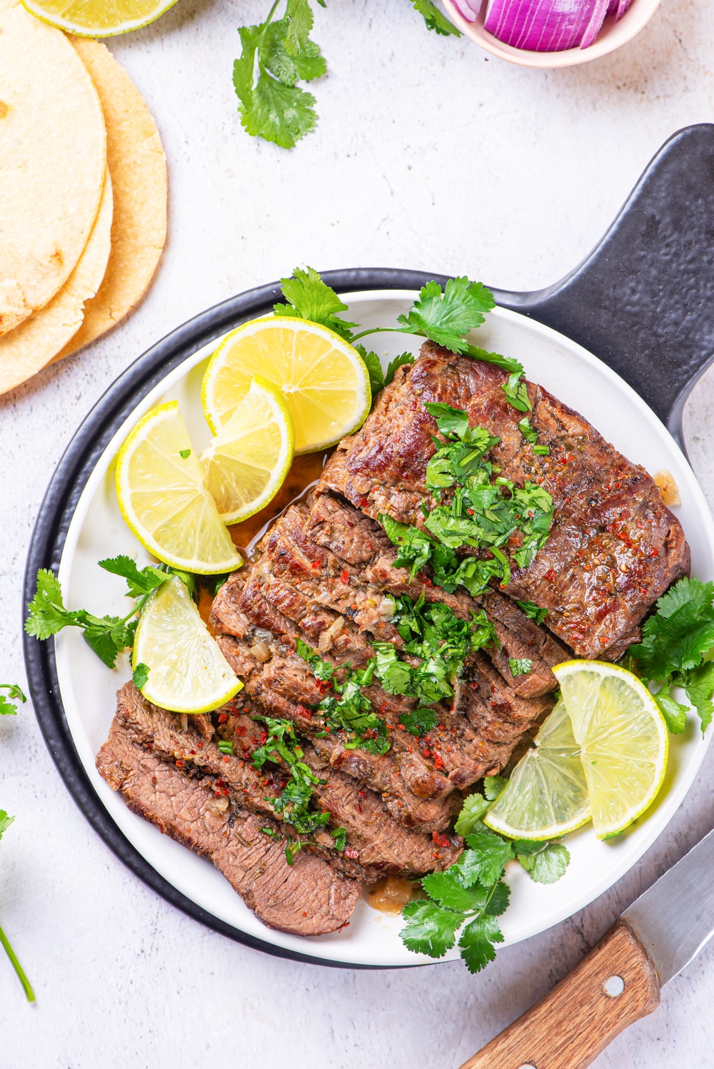 Cooked flank steak on a plate.