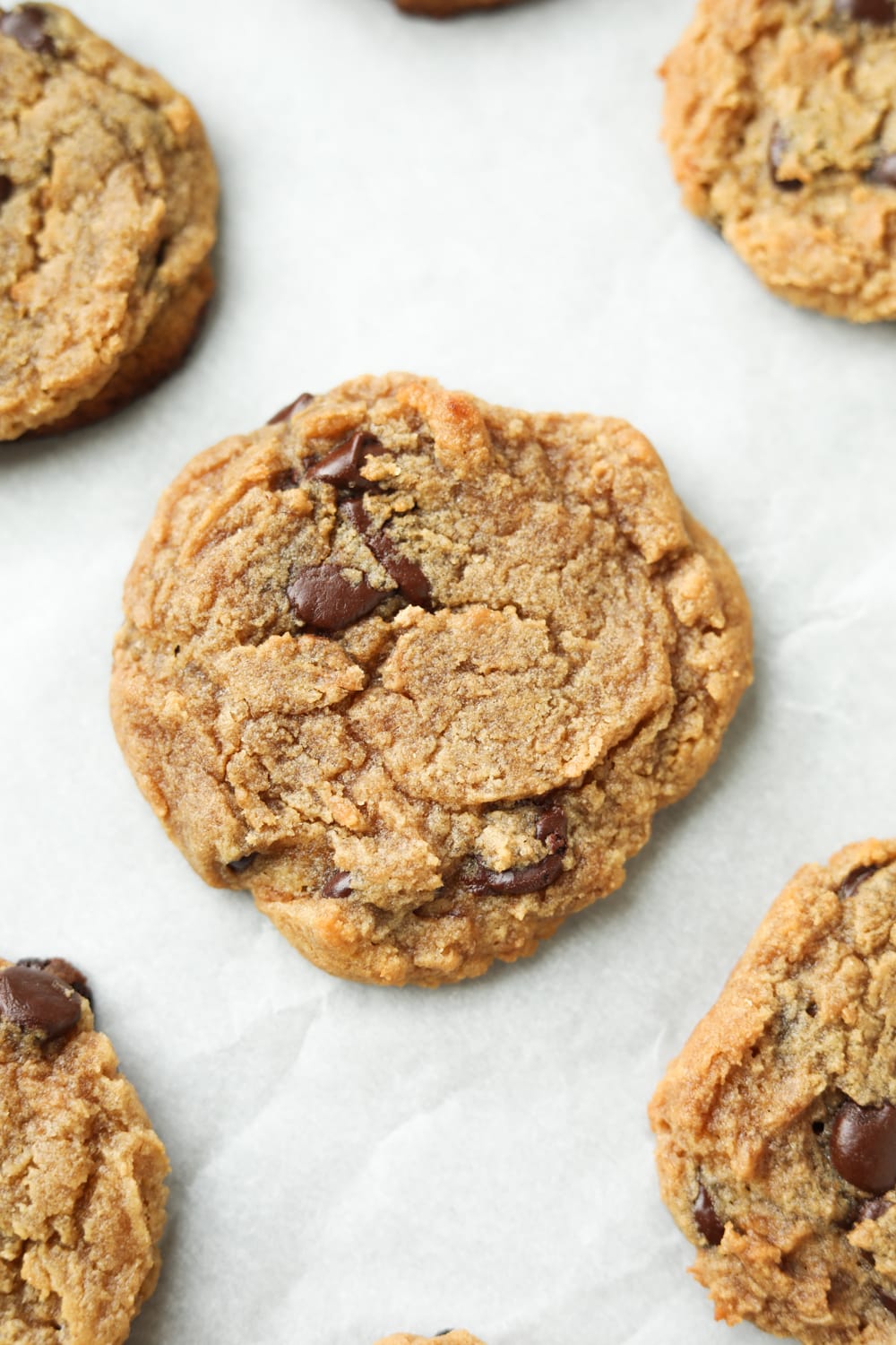 Chocolate chip cookies on parchment paper.