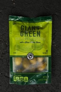 A package of giant green olives.