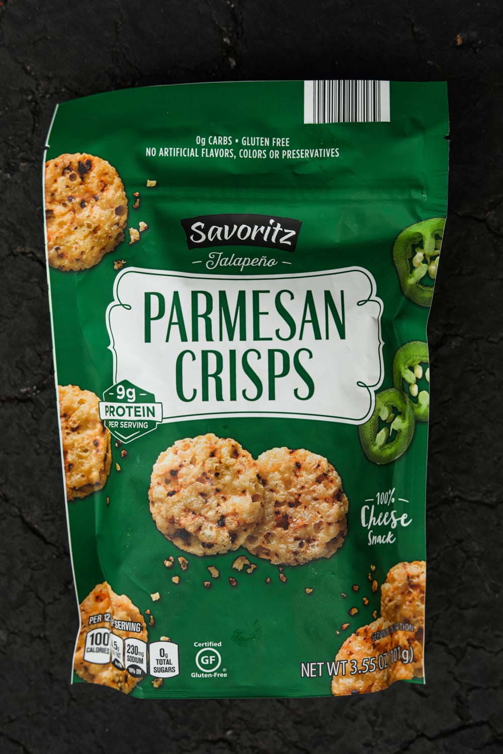 A bag of jalapeno parm crisps.