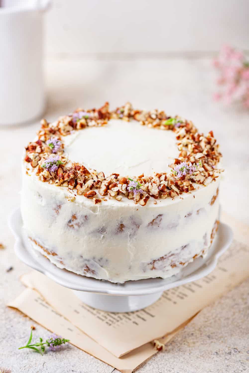 Carrot cake on a white cake tray