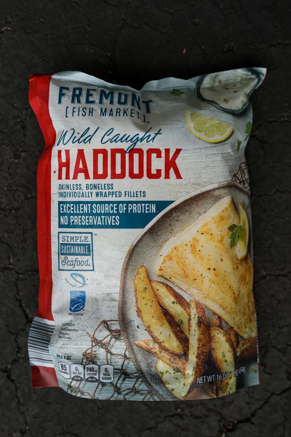 A bag of frozen haddock filets.